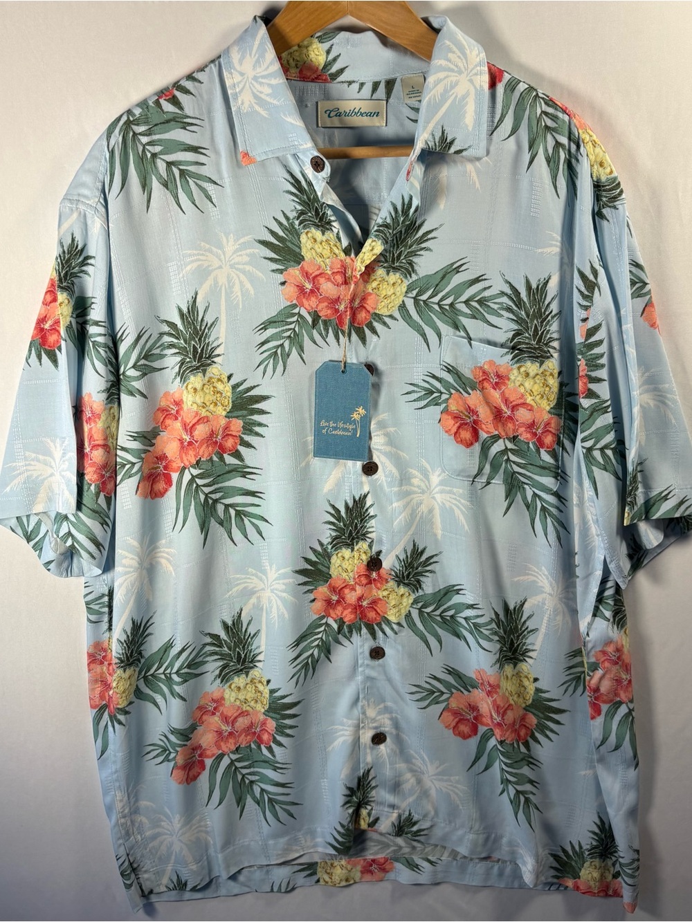 Caribbean Light Blue Tropical Floral Camp Shirt with Coral & Yellow Blooms SZ L